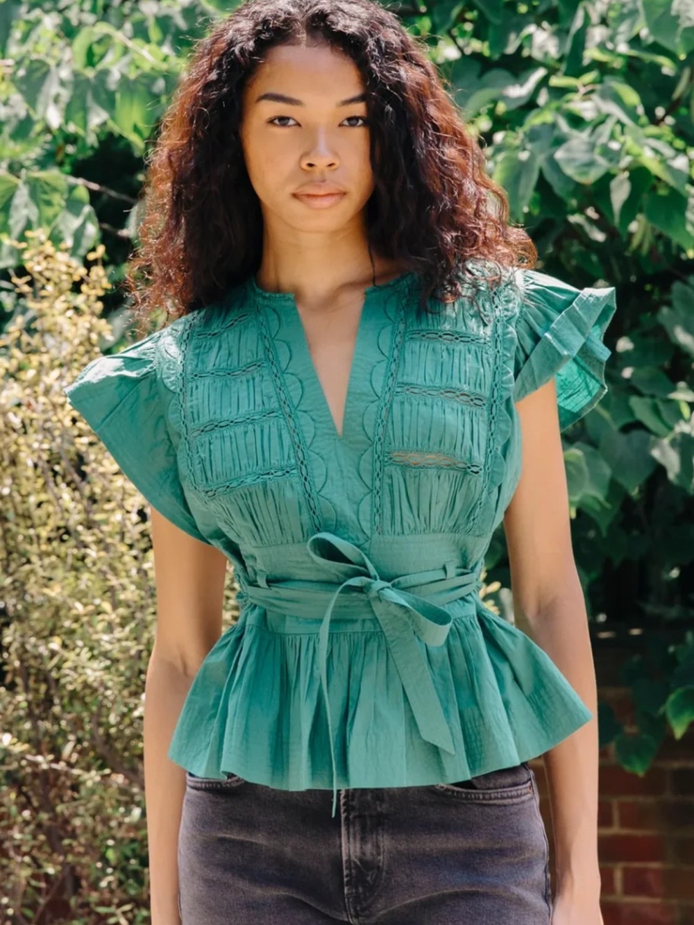 NWT Love the Label Madelyn Blouse Size S Peplum Flutter Sleeves Green